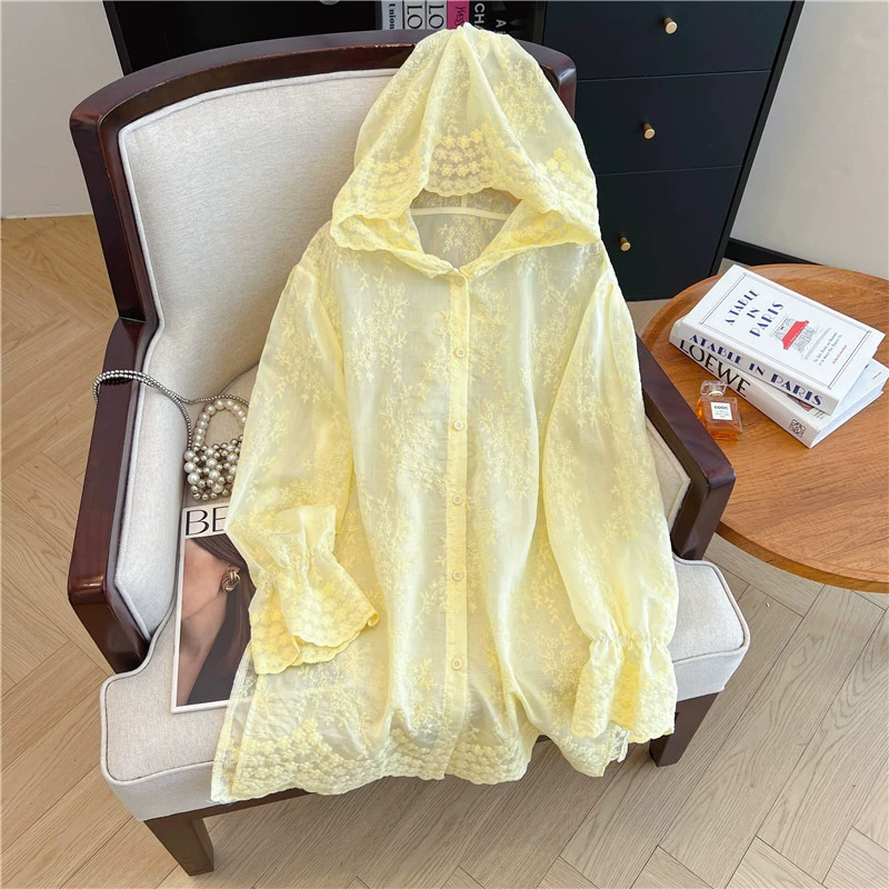 YS82025 рубашка с вышивкой MM, летняя, для женщин больших размеров, новая, с кружевной вышивкой, свободного кроя, утягивающая, с капюшоном, защита от солнца