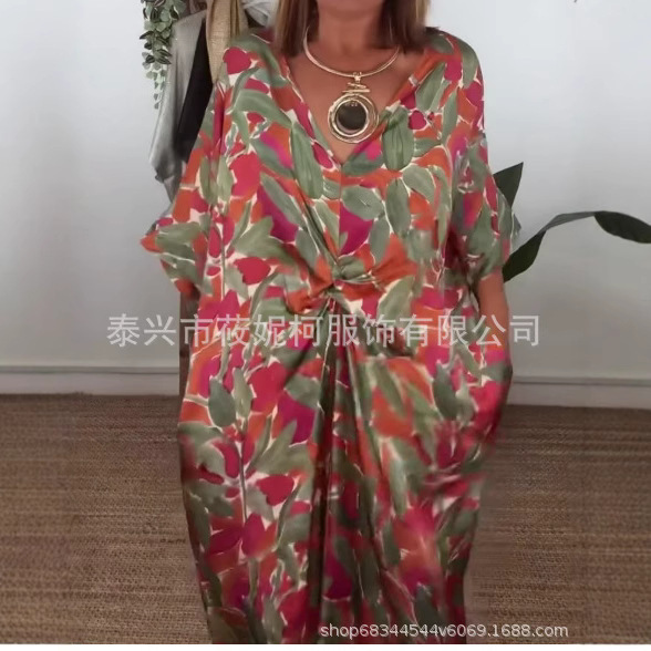 Amazon Robe Aliexpress Turkish Imitation Silk Printed Dress Wholesale