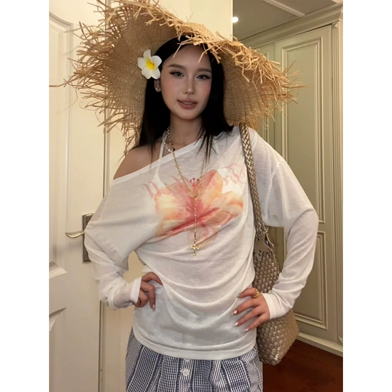 [Хлопок «Снежинка»] Женская весенне-летняя белая тонкая солнцезащитная блузка с длинными рукавами и цветочным принтом в американском стиле, топ