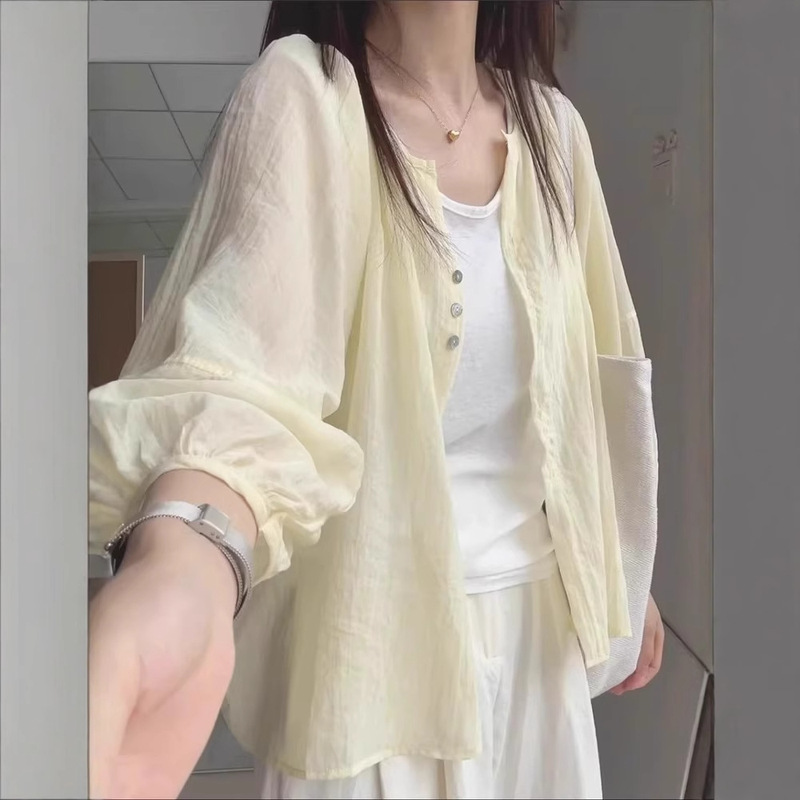 亜麻日焼け止めシャツジャケット レディース 薄手 夏新作 カーディガン風 ゆったり 長袖シャツ ショート丈トップス|undefined