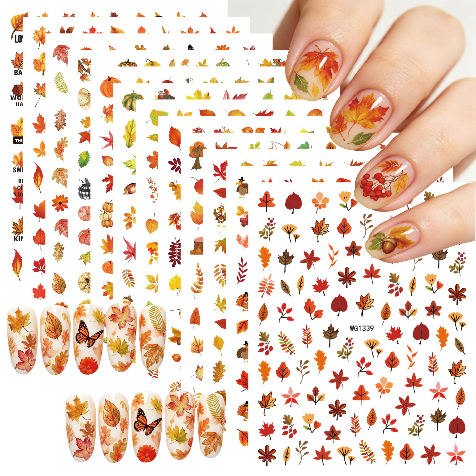 New Thanksgiving Nail Stickers Cross-Border E-Commerce Set with Adhesive Decorations Pumpkin Autumn Maple Leaf Nail Art Stickers Wg