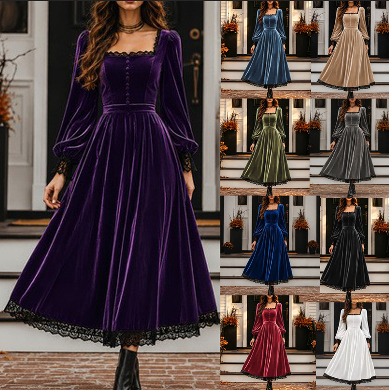 2026 European and American Women's Fashion Square-Neck Velvet Dress with Lace Trim at the Hem and Sleeves, New Autumn and Winter Evening Dress for Cross-Border Sales 2026 European and American Women's Fashion Square-Neck Velvet Dress with Lace Trim at the Hem and Sleeves, New Autumn and Winter Evening Dress for Cross-Border Sales