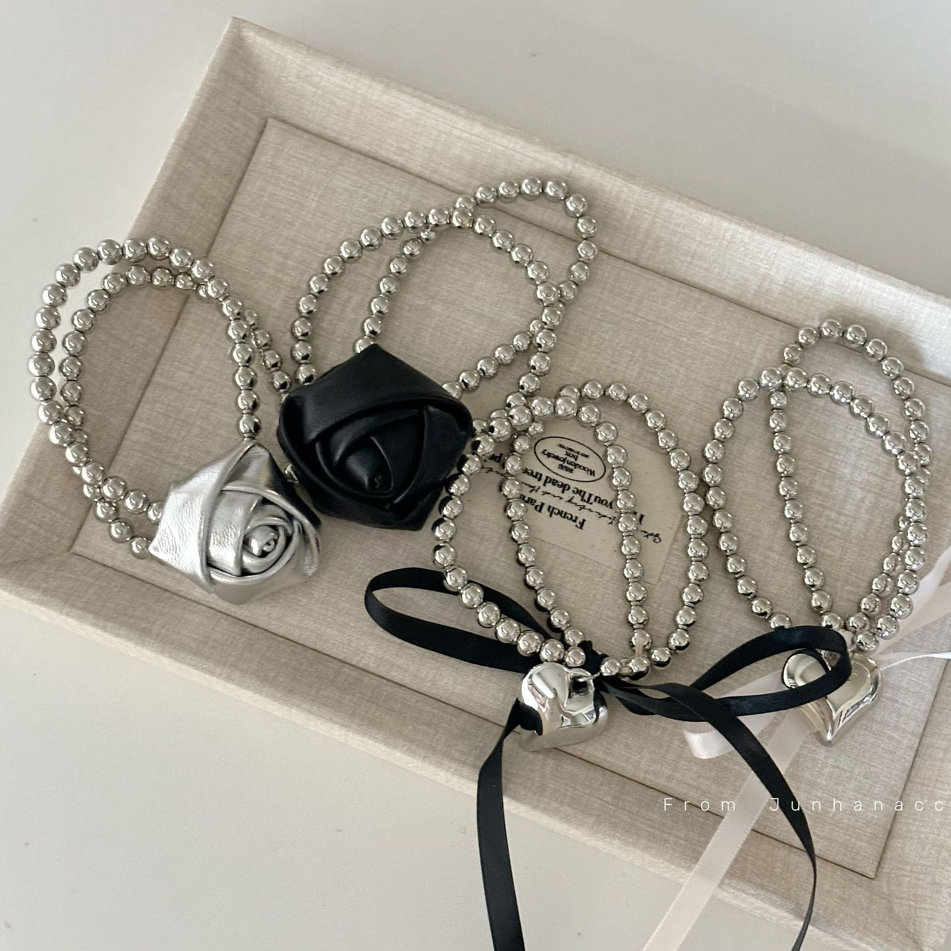 silver high-end sense three-dimensional rose flower head rope beaded bracelet sweet cool hot girl wind pearl hair ring hair accessories hair rope women