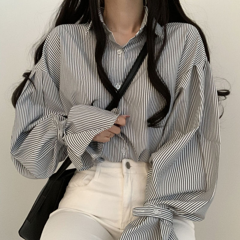 韩国chic设计感小众细条纹宽松衬衫女2025春秋款简约内搭长袖上衣|undefined