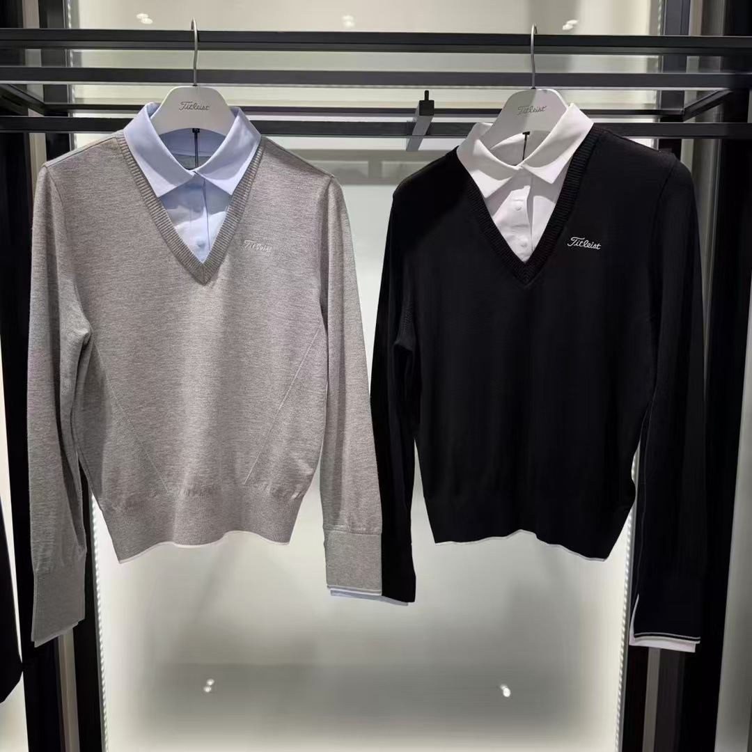 26 Popular Age-Reducing College-Style Fake Two-Piece Golf Clothing for Women, Knitted Long-Sleeve Slimming Sports Baseball Jacket