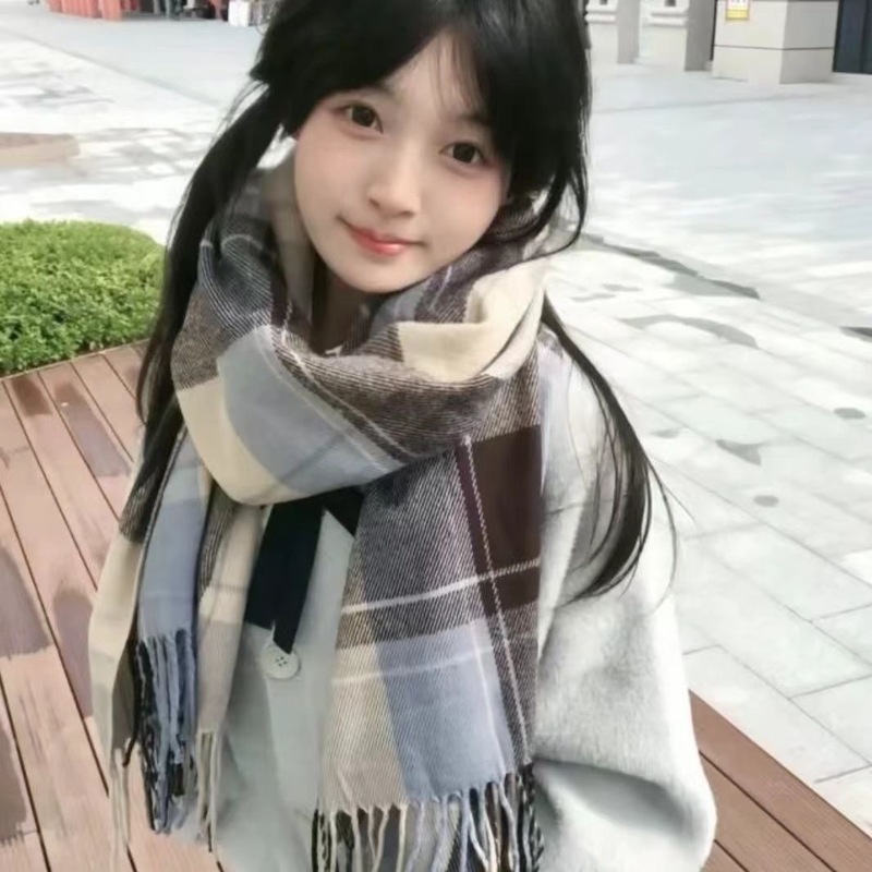 一件代发复古格子围巾女冬季仿羊绒围脖女学生日礼物冬天流苏百搭|undefined