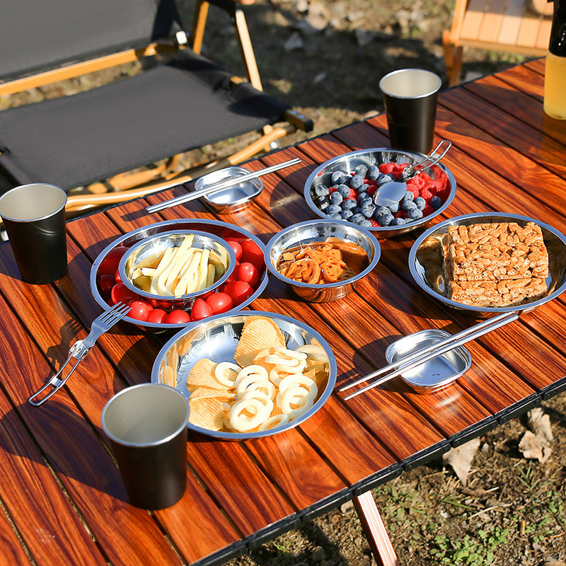 Outdoor Tableware Portable Set 304 Stainless Steel Dishes, Bowls, Chopsticks, Camping Picnic Plates, Camping Fruit Plates, Travel