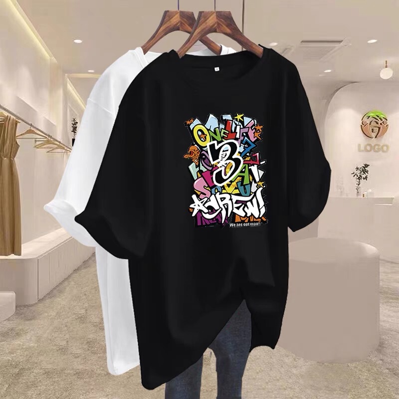 Mid-length black cotton cartoon inner short-sleeved T-shirt for women 2024 early spring new European plus size loose top