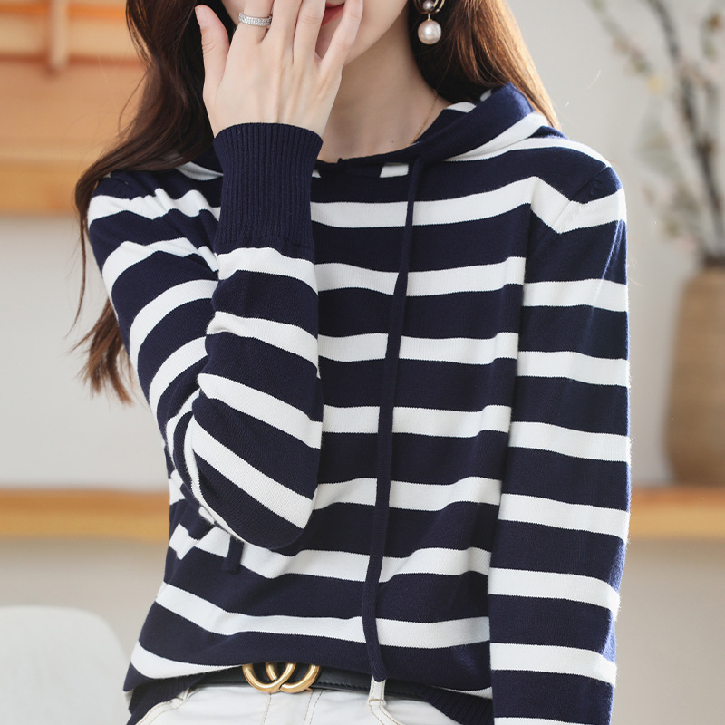 Primavera, Otoño e Invierno Nuevo suéter con capucha suelta ropa exterior a rayas suéter de las mujeres de manga larga suéter de lana estilo coreano