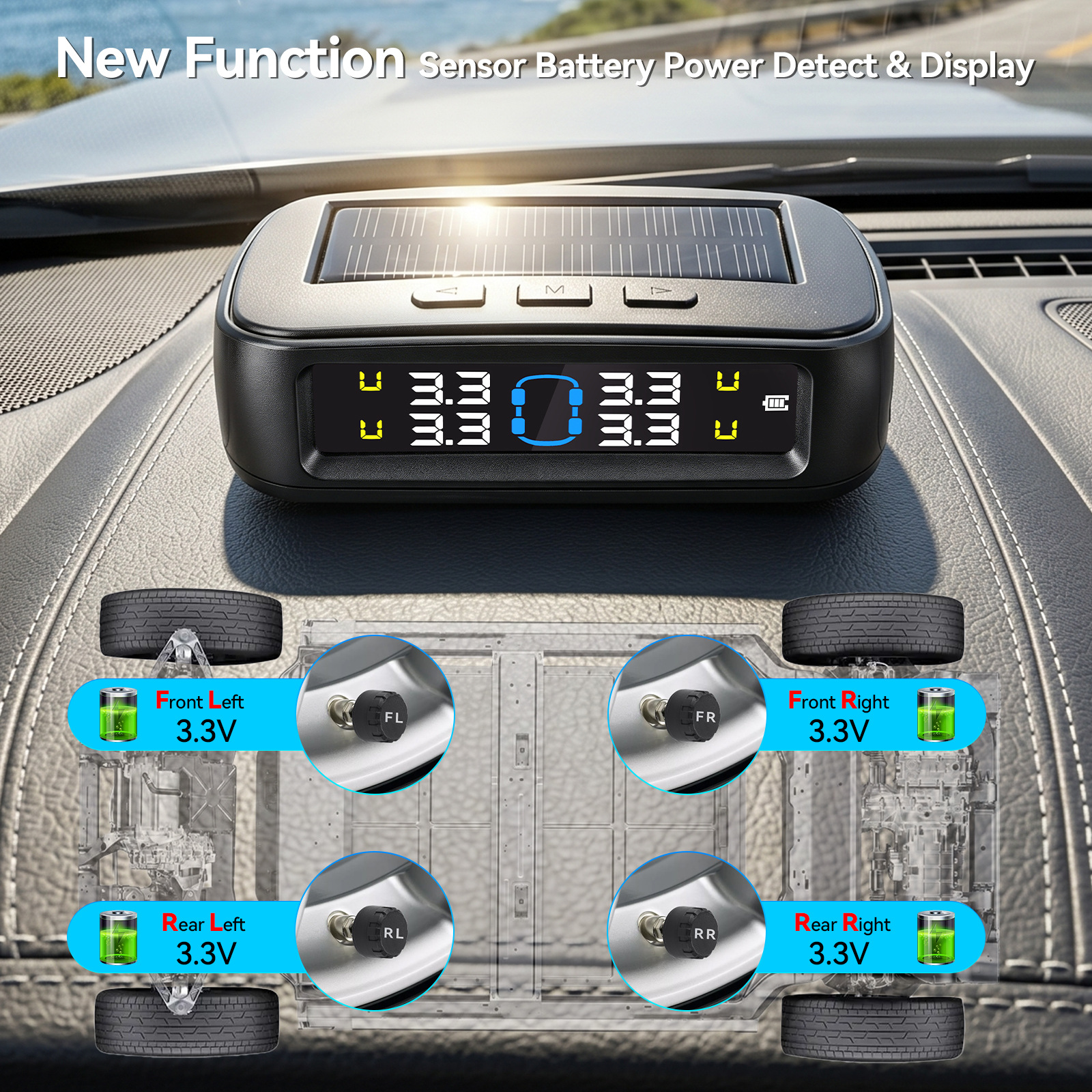 Woliip Solar Tpms Car Tire Pressure Monitoring System Wireless Sensor High-Precision Digital Display