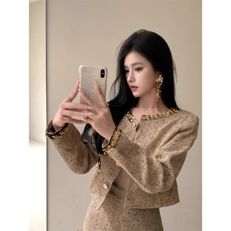 法式法式小香风套装粗花呢亮片长袖短外套女秋冬穿搭包臀半身裙两|undefined