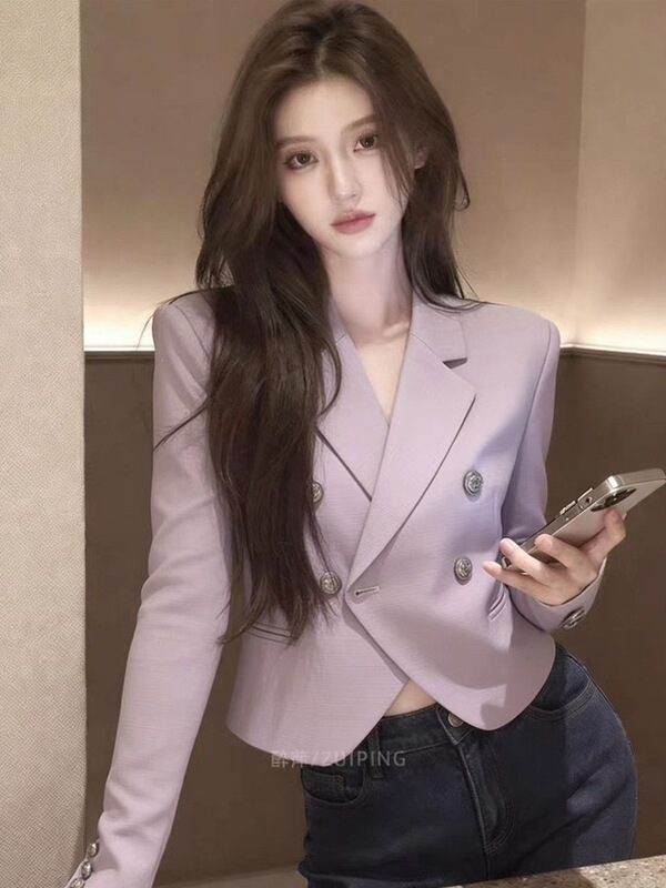 Elegant and Sophisticated Purple Short Blazer for Women, Spring 2026, Petite Size, Double-Breasted, Versatile, High-End Top Elegant and Sophisticated Purple Short Blazer for Women, Spring 2026, Petite Size, Double-Breasted, Versatile, High-End Top