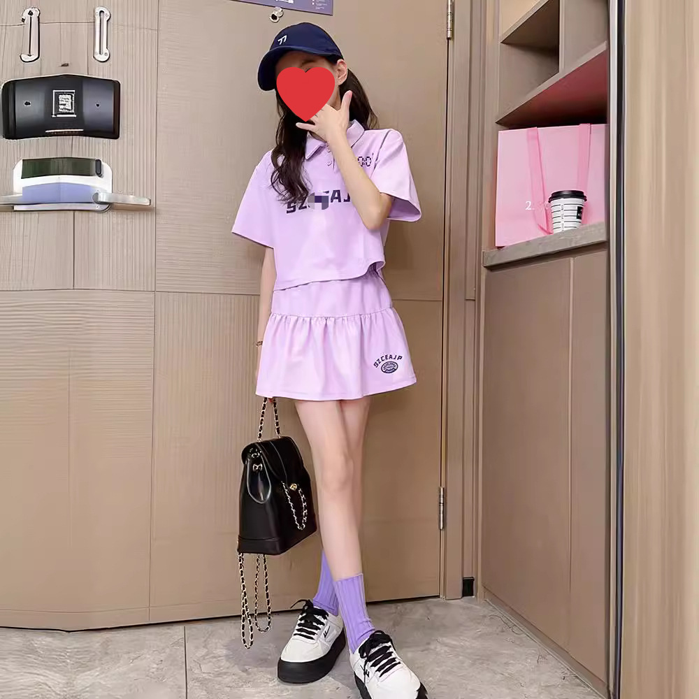 Girls 2024 New Summer Sports Suit Fashionable Letter Polo Collar Top Skirt Pants Clothes Two Pieces
