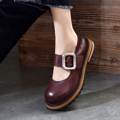 2024春季新款時尚百搭歐美金屬扣圓頭厚底瑪麗珍單鞋真皮淺口女鞋