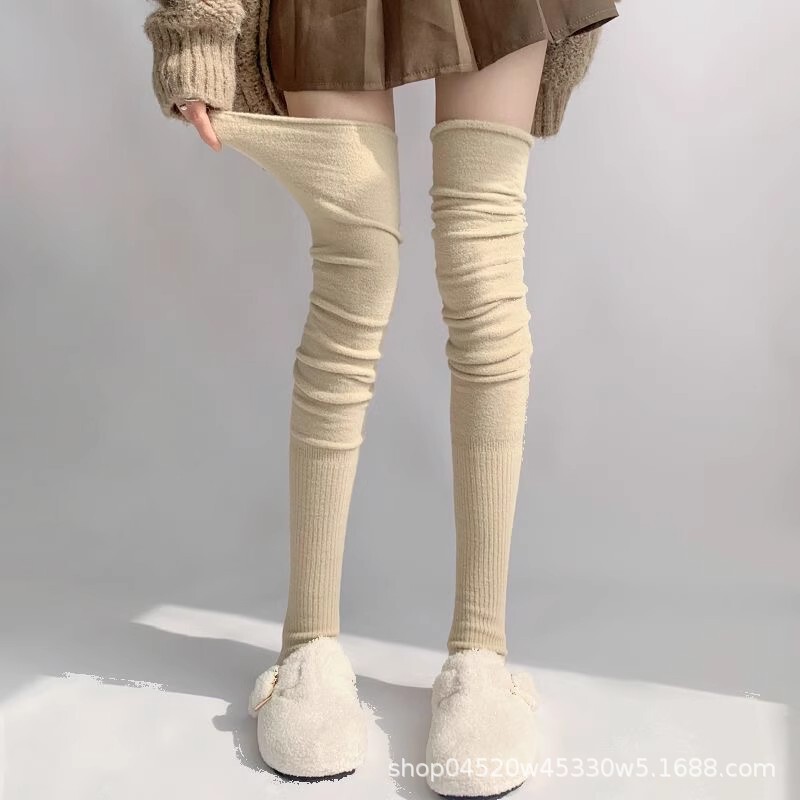 秋冬季加绒过膝袜子女秋冬季长筒加厚保暖卷边暖色小腿袜套堆堆袜|undefined
