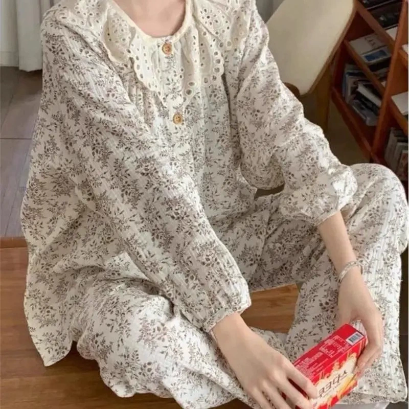 [Tinker] Ретро цветочная пижама женская весна и осень кружева с длинными рукавами Японская сладкая домашняя одежда