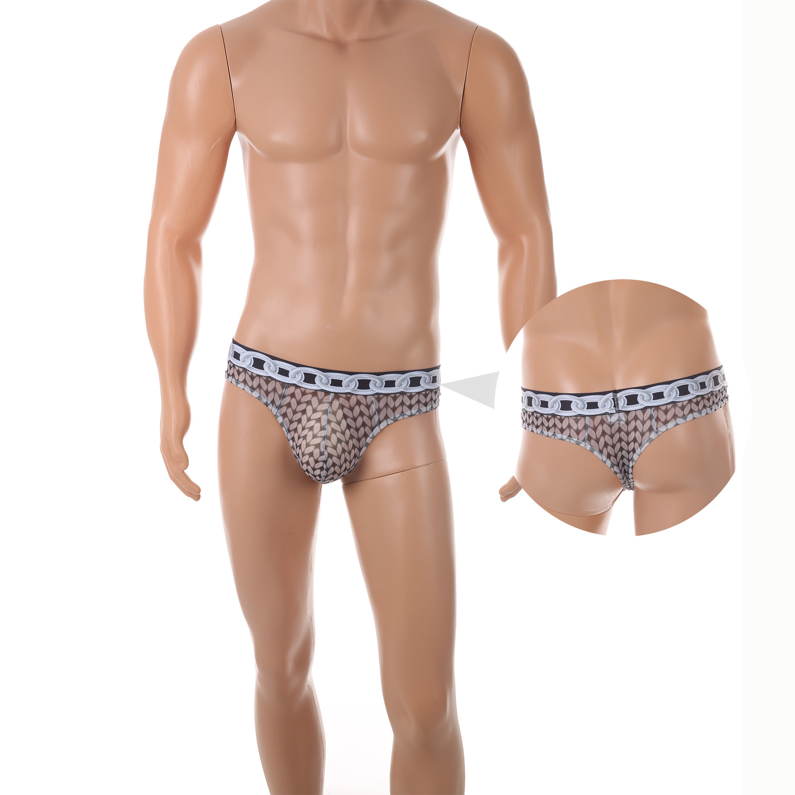 Temu Hot-Selling Men's Sexy Mesh Thong Chain Belt Wheat Ear Print U Convex Pouch Bikini t Pants