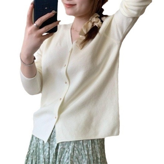 温柔风粉色v领针织开衫女短款春秋洋气漂亮软糯上衣毛衣打底衫女|undefined