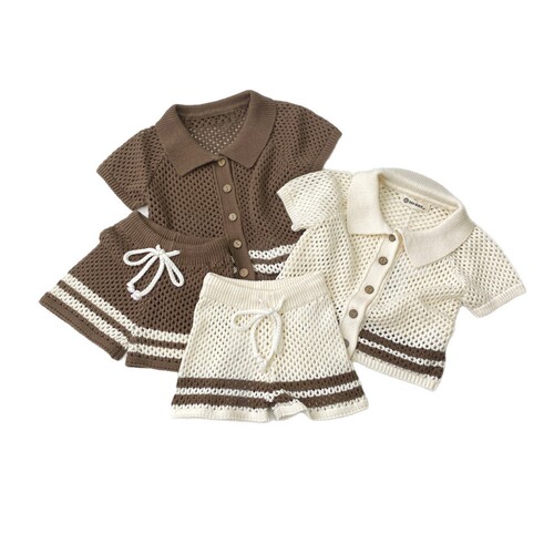 2025 Summer Baby Lace-Trimmed Collar Knit Crochet Cardigan Top + Shorts Set Baby Sweater Separate Boy