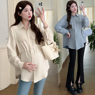 in stock Real Shot Fashion Pregnant Women's Spring and Summer Shirt Fashion Lapel Drawstring Slim Shirt Buckle Breastfeeding Top