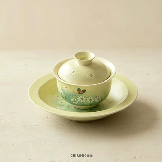 手绘雏菊蝴蝶陶瓷三才盖碗油画风防烫泡茶碗功夫茶具女士用敬茶器