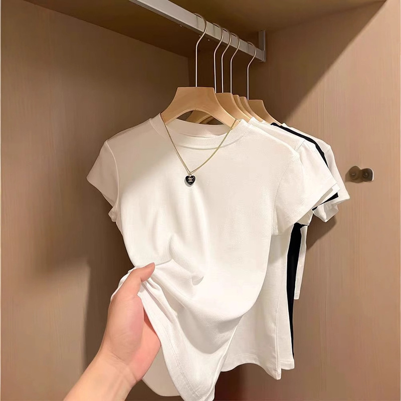 2025 Early Spring New Short-sleeved T-shirt Women's Shoulder White Summer Half-high Collar Top Clothes Slim-fit T-shirt Base Shirt