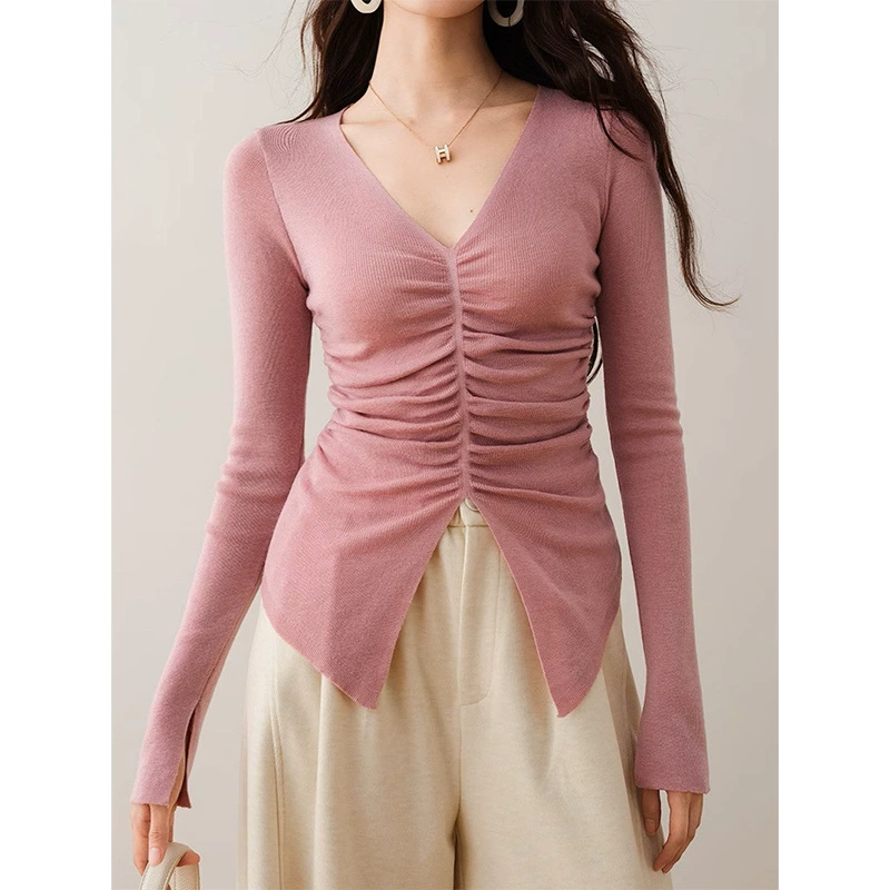 Knitted brace, autumn fitted thin design sweater, V-neckline, trend of season
