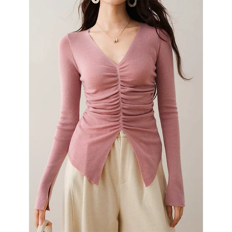 Knitted brace, autumn fitted thin design sweater, V-neckline, trend of season