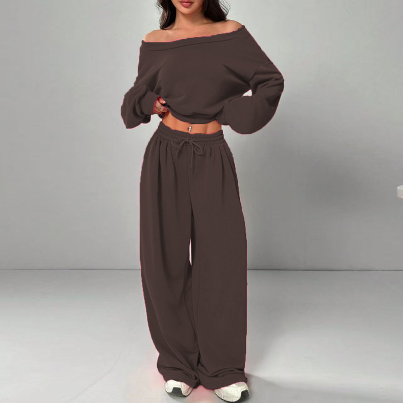 Cross-border women's one-shoulder casual two-piece set, off-shoulder short top and high-waisted drawstring wide-leg pants set, wholesale Cross-border women's one-shoulder casual two-piece set, off-shoulder short top and high-waisted drawstring wide-leg pants set, wholesale