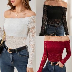 European and American Cross-Border 2025 Elegant Fan Collar One-Shoulder Revealing Lace Slimming T-Shirt Long Sleeve Top