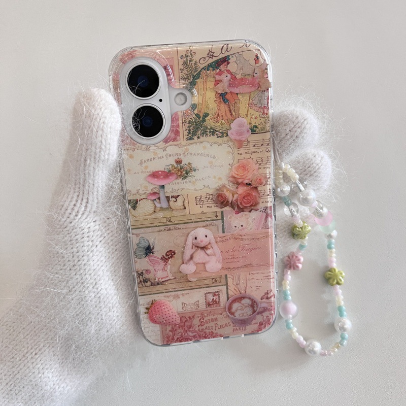 Pintura al óleo retro Rose Bunny Adecuado para Apple 16ProMax Funda para teléfono móvil 15/14 Chicas 13 Cadena 15Pro