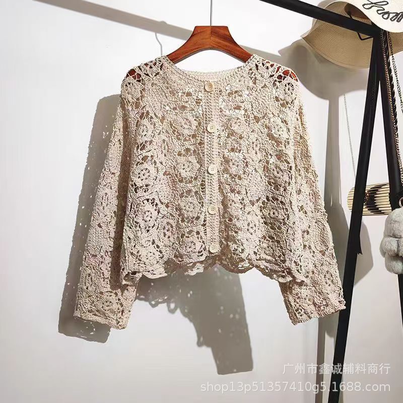 度假风新款镂空钩花编织长袖罩衫设计感小众花朵流苏针织衫上衣女|undefined