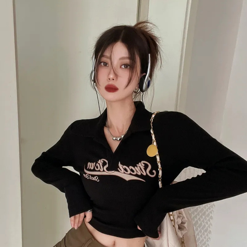 Long-Sleeved Retro American-Style Short Tight-Fitting Hot Girl T-Shirt for Women, Autumn and Winter Jazz Dance Slim-Fit Dance Top in Coffee Color