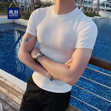 尚創男裝冰絲短袖t恤男夏季薄款純色高端緊身條紋T恤衫修身速干衣
