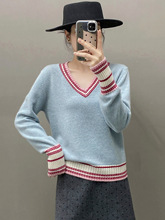 秋冬baby小山羊绒V领撞色百搭简约套头女衫毛衣针织宽松显瘦上衣