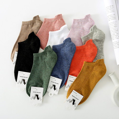 Tail imitation double-needle women's socks solid color cotton vertical striped foot socks women's socks boat socks invisible student women's socks wholesale