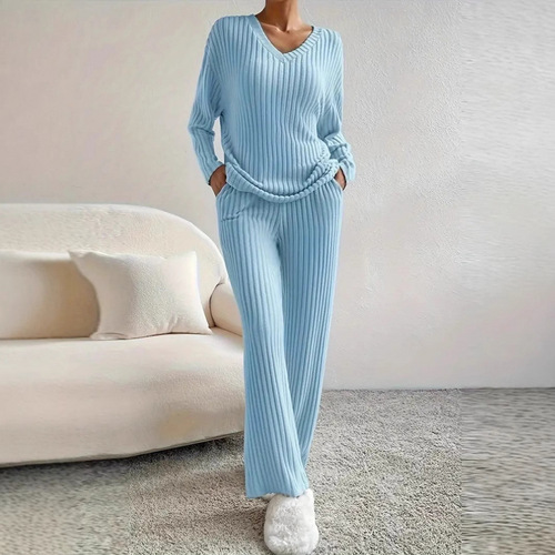 New Autumn Set Home Fashion Casual Straight Leg Pants Elegant Loose V-Neck Striped Two-Piece Set