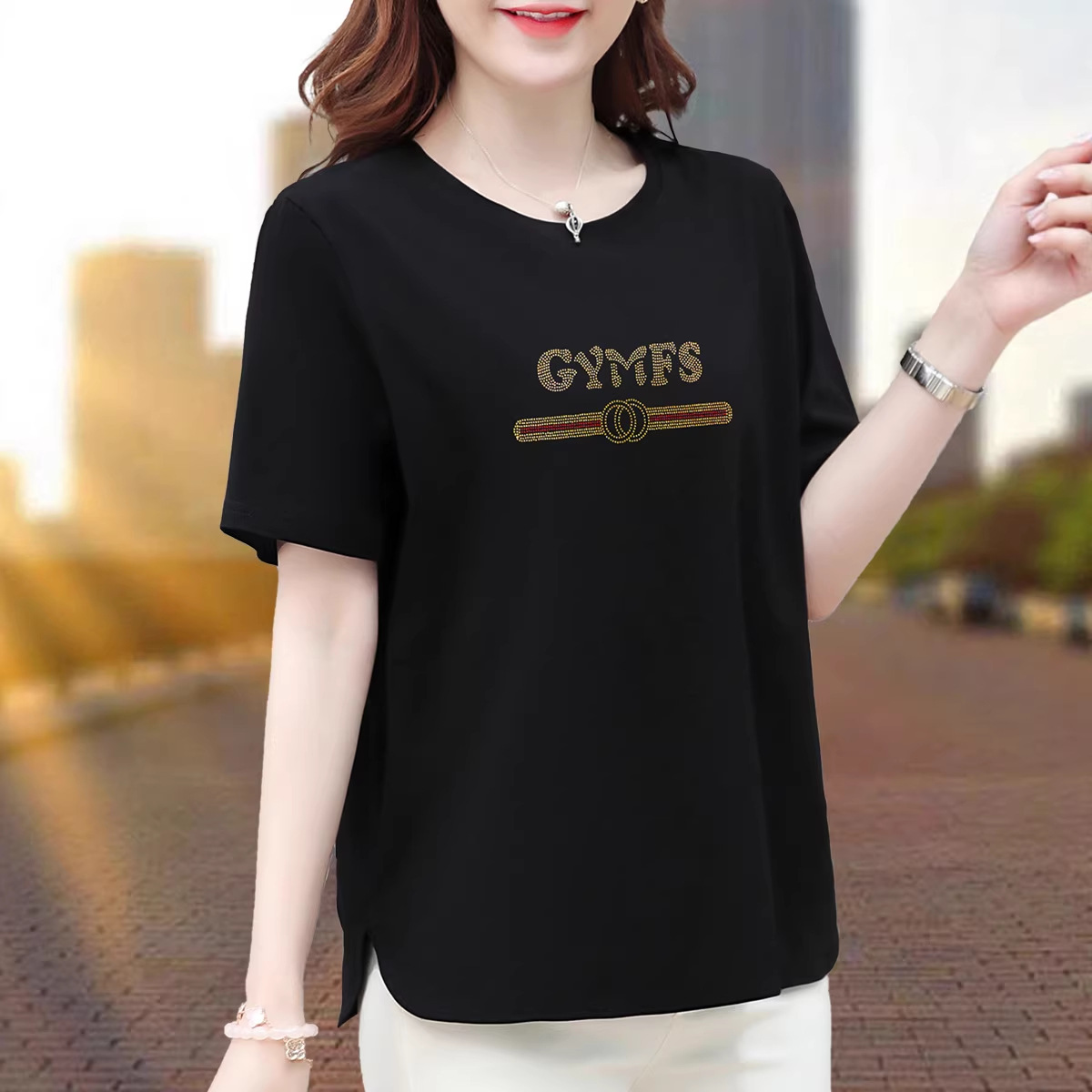 Pure Cotton Black Short-Sleeved T-Shirt for Women, Loose Fit, 2025 Summer New Style, Solid Color Base Shirt, Half-Sleeve Women's Fashion, Slit Top T-Shirt