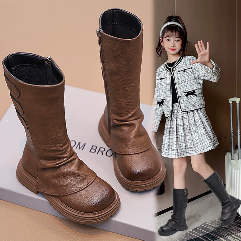 Сапоги Martin для девочек 2024 новые осенние и зимние сапоги для девочек джинсы западные сапоги одиночные туфли плюс бархат теплые кожаные сапоги