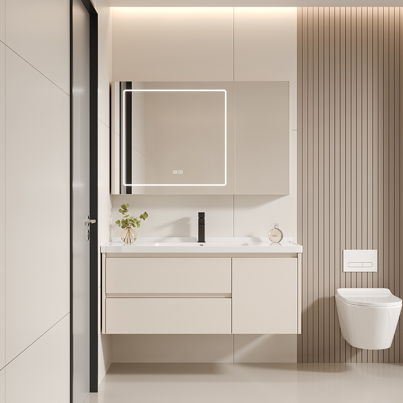 Cream Bathroom Cabinet Smart Lighting Bathroom Sink Ceramic Integrated Basin Combination