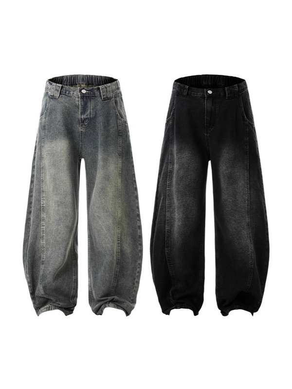 LKTM メンズ アメリカン レトロ ウォッシュ デコンストラクト シミターデニム パンツ 男女兼用 トレンド ブランド ワイドレッグ バギー シミターパンツ|undefined