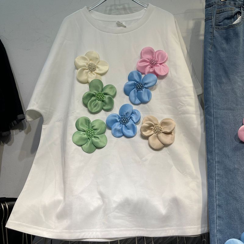 25夏の新型ファッション百合丸首半袖花tシャツ上着重工立体ファッションデザイン感ズボン|undefined