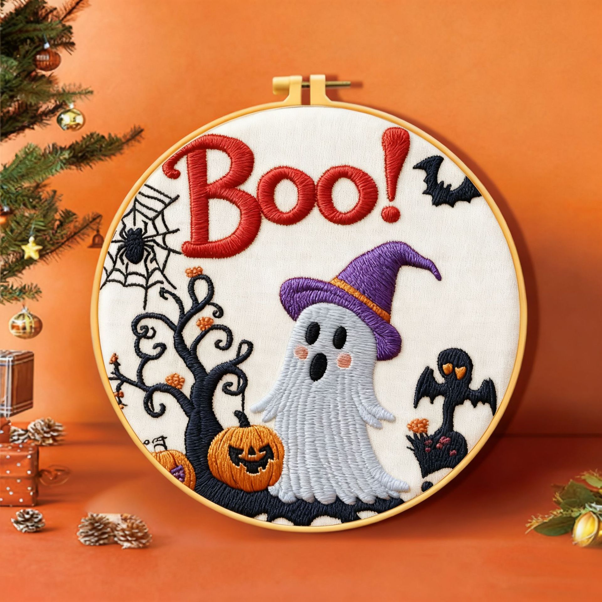 Nuevos productos transfronterizos bordados Halloween fantasma sombrero gato negro conjunto bordado hecho a mano material DIY bordado al por mayor