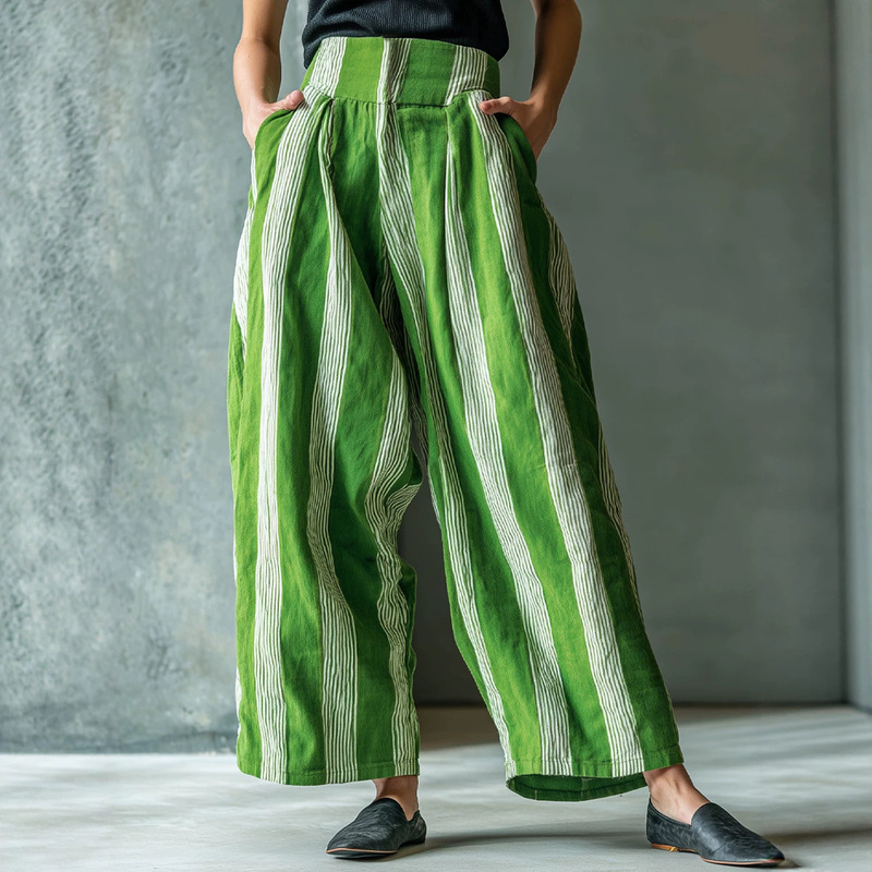 2026 Autumn New European and American Cross-Border Women's Loose Casual Vacation Style Linen Striped Wide-Leg Pants with a High-End Feel 2026 Autumn New European and American Cross-Border Women's Loose Casual Vacation Style Linen Striped Wide-Leg Pants with a High-End Feel