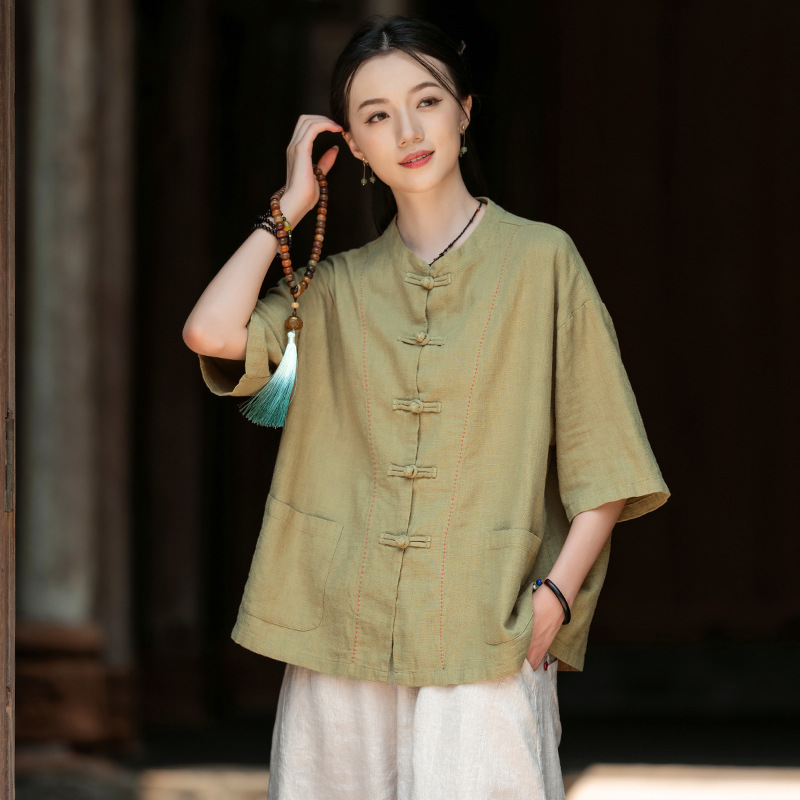 25夏新款棉麻女装中式复古苎麻砂洗手工缝线盘扣上衣女式开衫外套