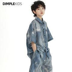 子供夏服「サマーアウェイクネス」男の子イミテーションデニムシャツスーツ夏子供半袖シャツショーツトレンディ