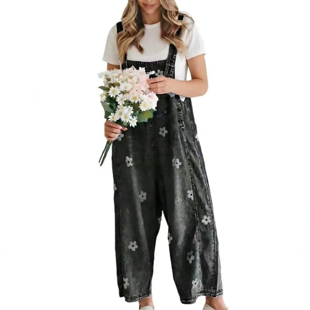 2026 New Foreign Trade Amazon Floral Print Wide-Leg Pants with Patchwork Loose Casual Retro Denim Overalls