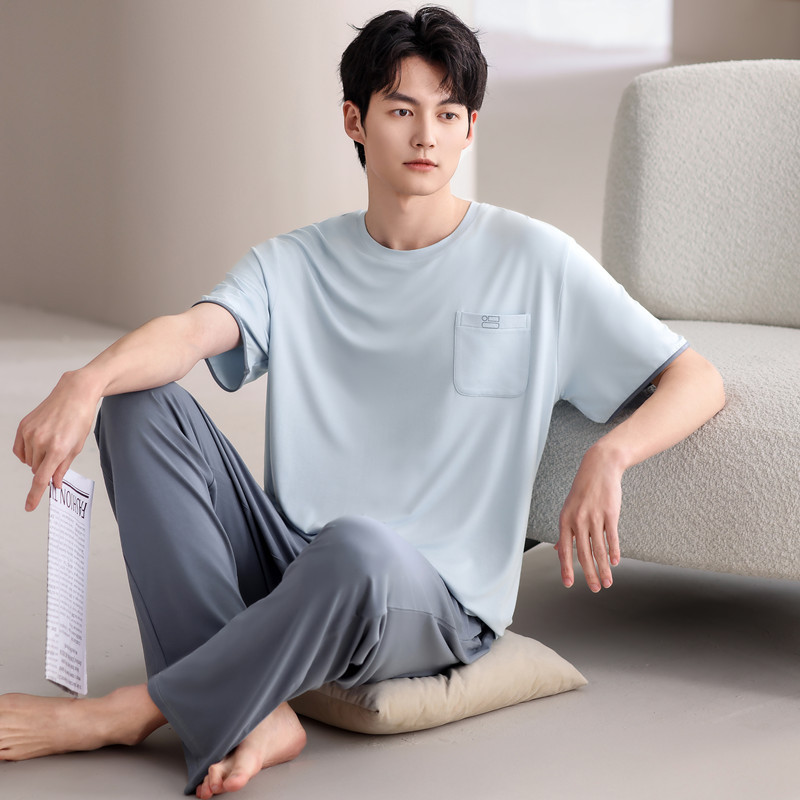 モーダルパジャマ男性夏の薄い氷糸半袖ズボン2点セットの大きいサイズの丸首カバーの家庭服