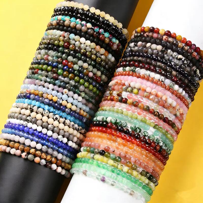 European and American Style Wish Amazon Cross-Border 4mm Natural Stone Bead Bracelet Water Grass Agate Elastic Beaded Bracelet for Women Factory