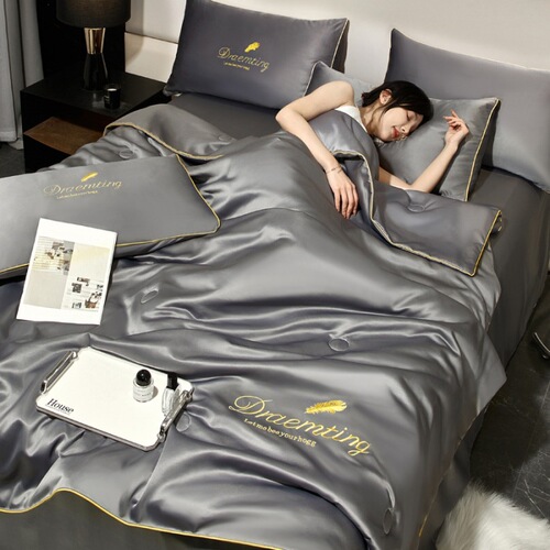 Embroidered quilt summer washed ice silk air-conditioned quilt summer cool quilt light luxury three-piece set four-piece pillowcase summer summer dormitory